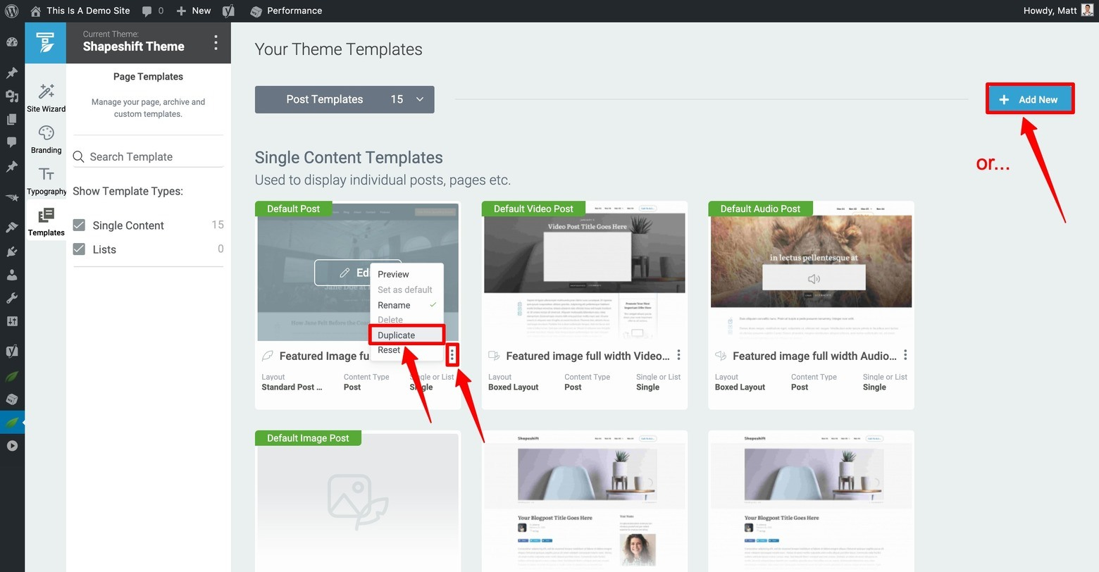Duplicate or Create a new Custom Post Template inside the Thrive Theme Builder templates dashboard