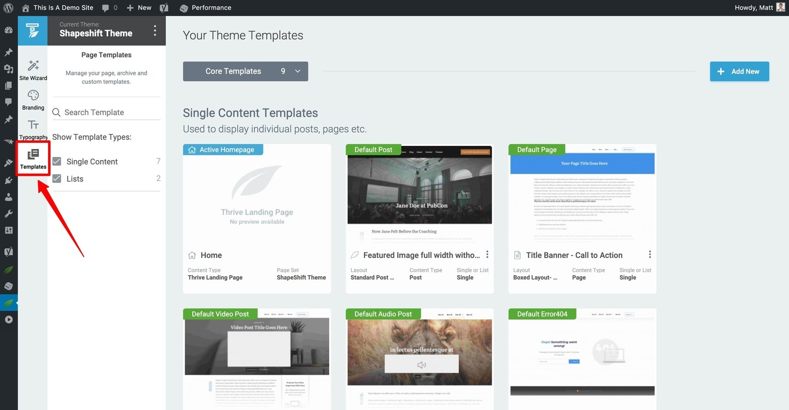 Thrive Theme Builder Templates Dashboard