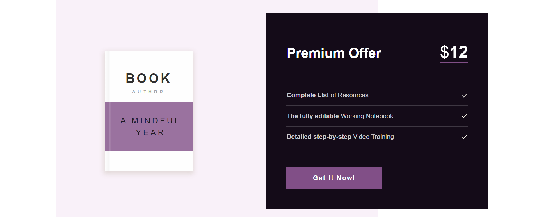 Screenshot of a pricing table template selling a book