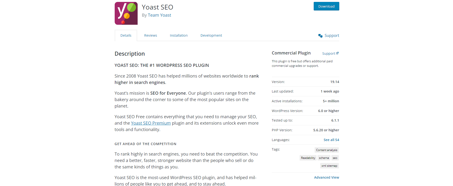 Product description of Yoast plugin