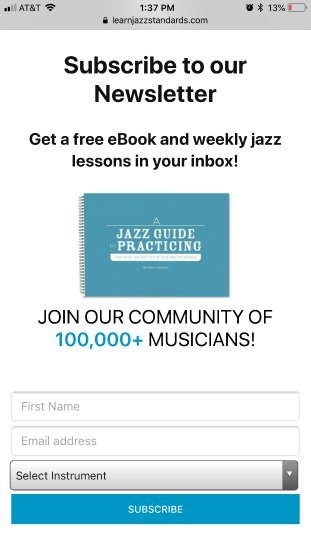 Learn Jazz Standards lead generation page good example