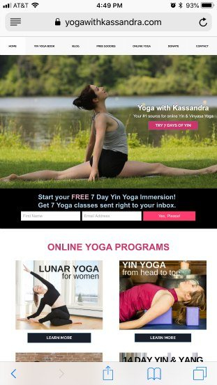 Yoga With Kassandra optimized landing page for mobile bad example