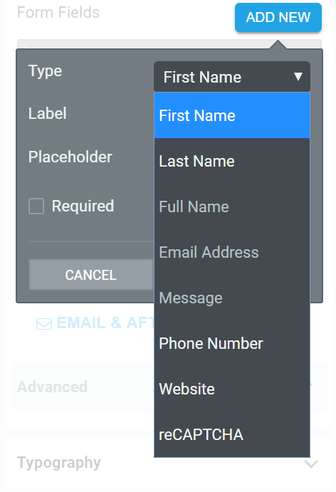 Input field choices in the contact form including First Name, Last Name, Full Name, Email Address, Message, Phone Number, Website and Captcha