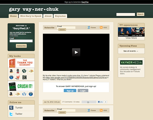 Gary Vaynerchuk's homepage in 2012