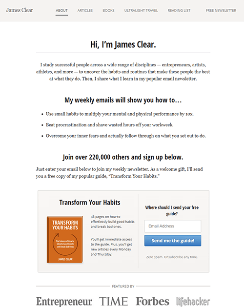 James Clear's homepage in 2016