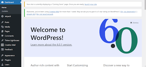 WordPress Dashboard Welcome Screen