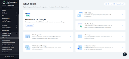 “SEO Tools” section in Wix