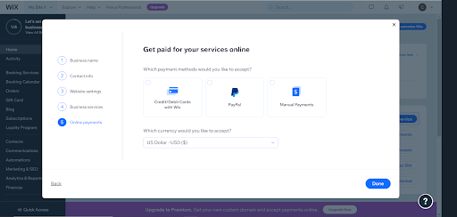 Text Screen depicting different payment methods to accept