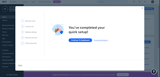 Screen showing that you’ve completed your website setup in Wix