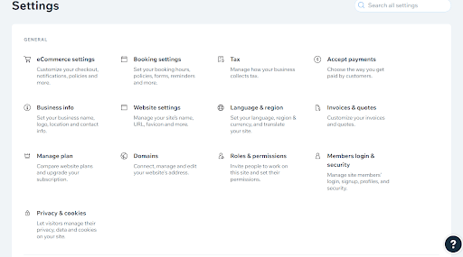 Additional settings in Wix Dashboard