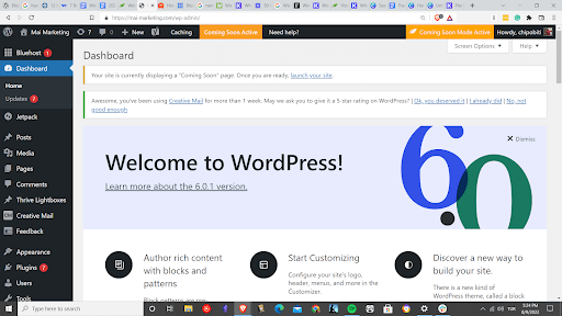 WordPress Admin Dashboard welcome screen