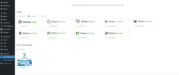 Screenshot of Thrive Product Manager & Thrive Themes Products