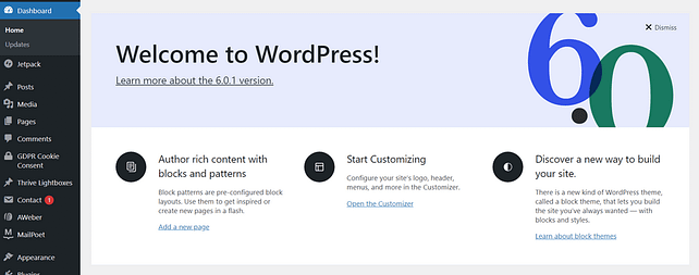WordPress Dashboard Welcome Screen