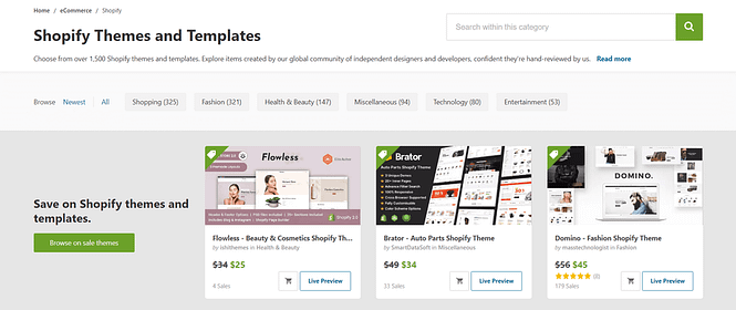 Snapshot of a few Shopify themes and templates on ThemeForest
