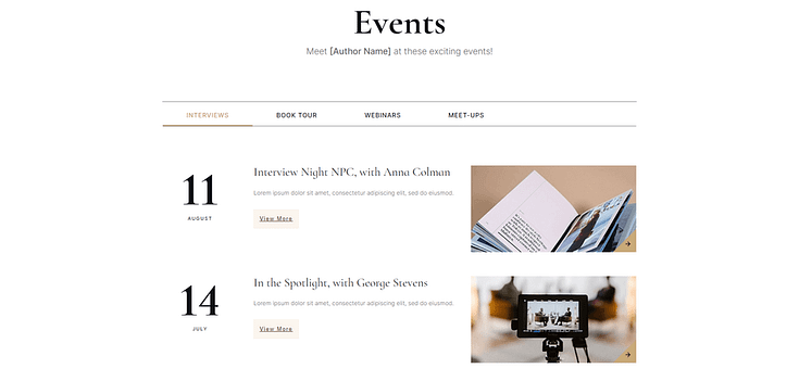 Snapshot of the “Events” block template on a homepage in the Bookwise theme