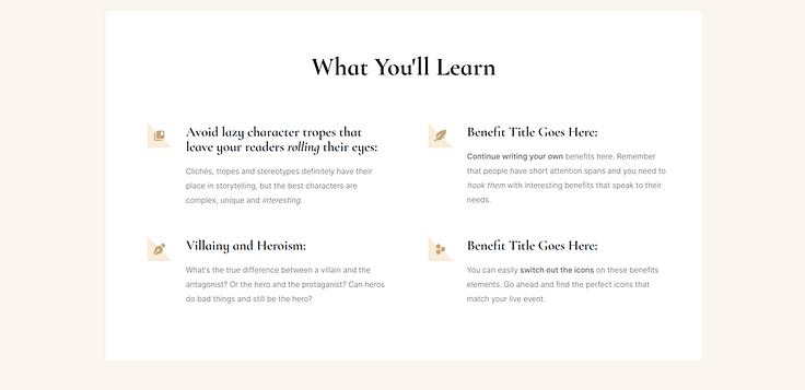 Snapshot of a “What You’ll Learn” block in a Bookwise webinar page template