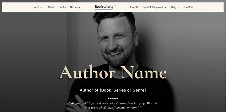 Snapshot of author-focused homepage in Bookwise theme