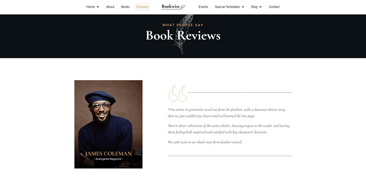 Snapshot of Reviews page template in Bookwise theme