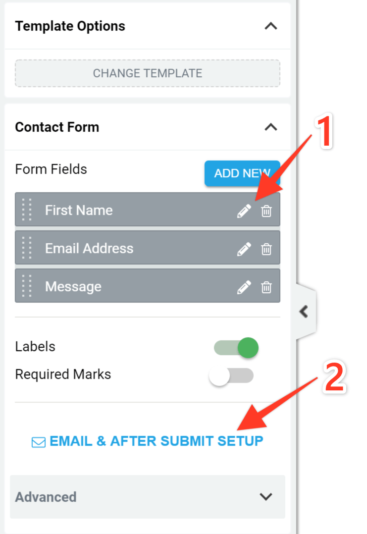 Screenshot of the Thrive Architect contact form settings