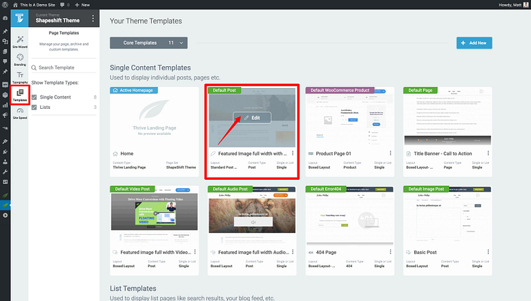 Thrive Theme Builder dashboard