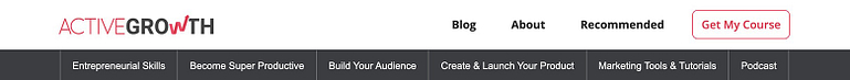 The ActiveGrowth site header showing each of the topic silo pages