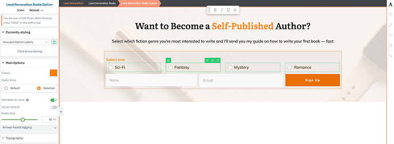 How to customize the Style and Color of your Radio Buttons on a Thrive Themes Lead Generation element.