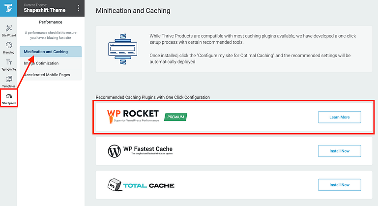 WP Rocket caching plugin integration now available inside Thrive Theme Builder's Site Speed tab