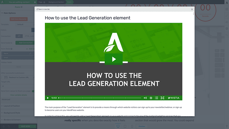 Click question mark & play button icons inside the Thrive visual editor user interface to open help videos and articles