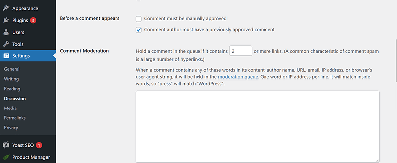 Comment moderation settings in WordPress Admin