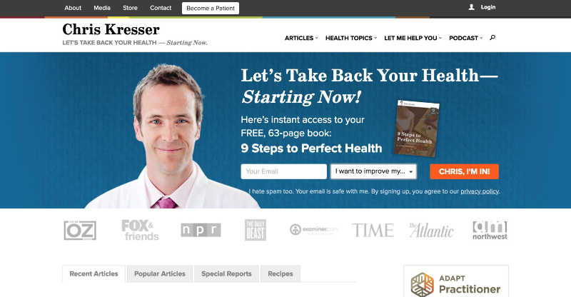 Chris Kressor old homepage and above-the-fold lead generation form