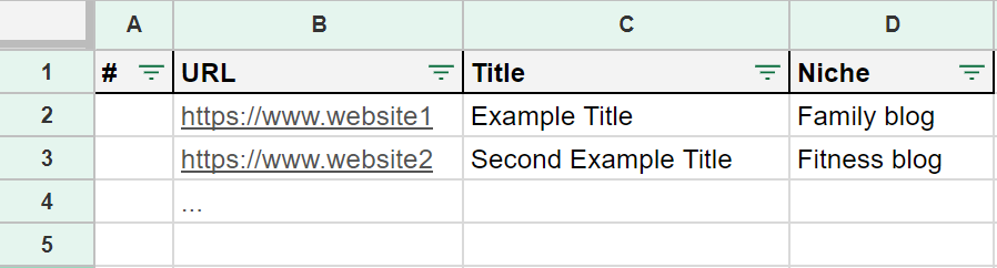 Link building spreadsheet example
