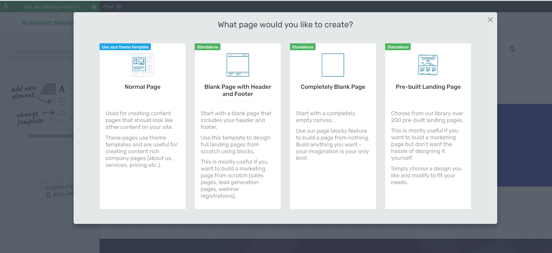 Choose a landing page type in Thrive Architect.