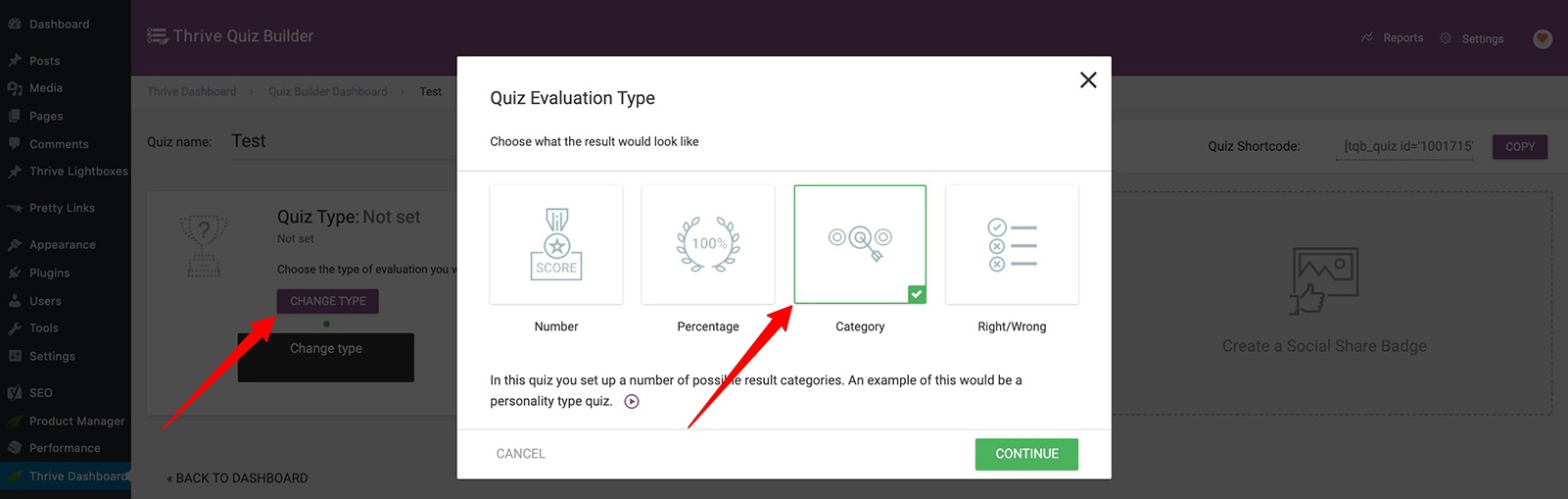 How to select your quiz type in Thrive Quiz Builder