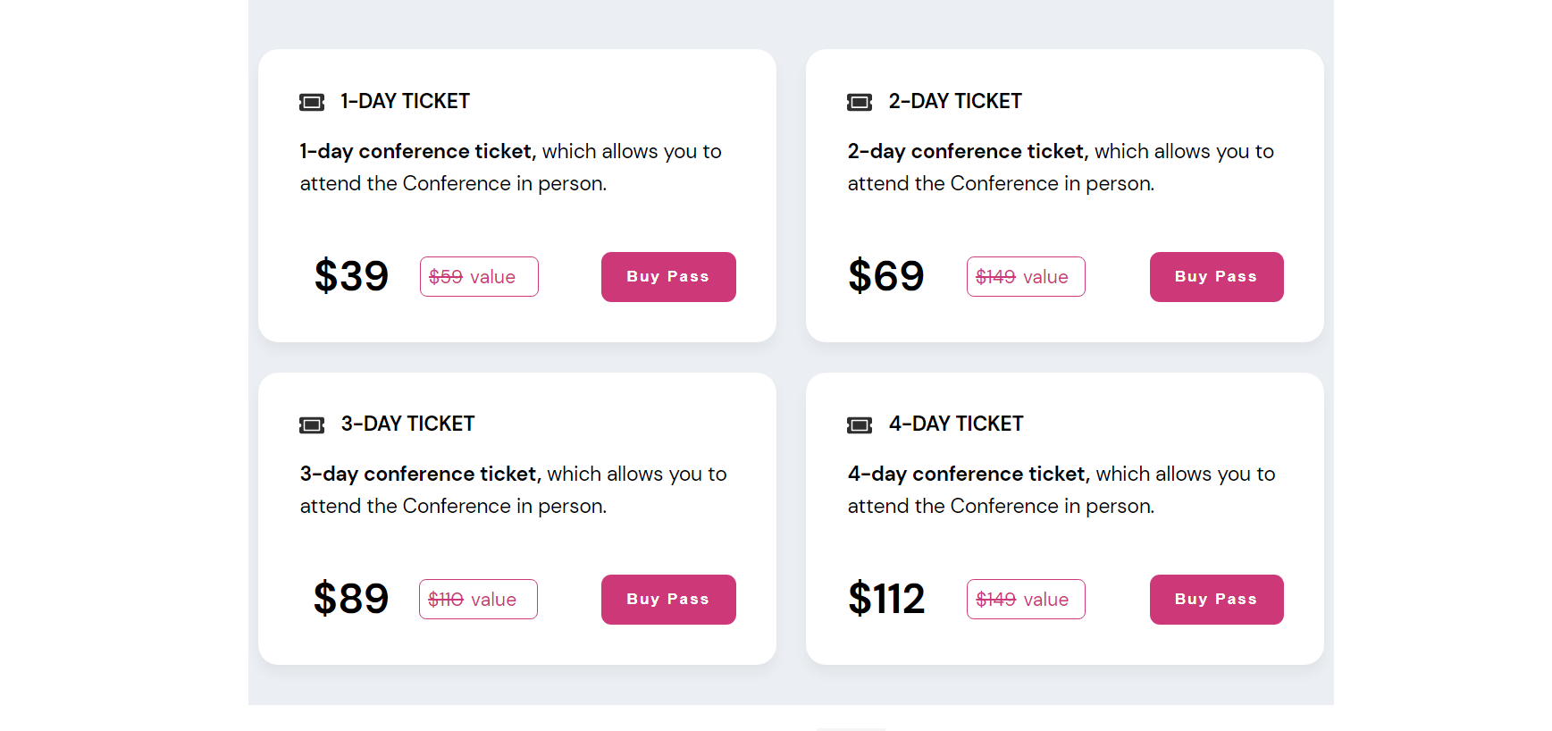 Screenshot of a pricing table template for events