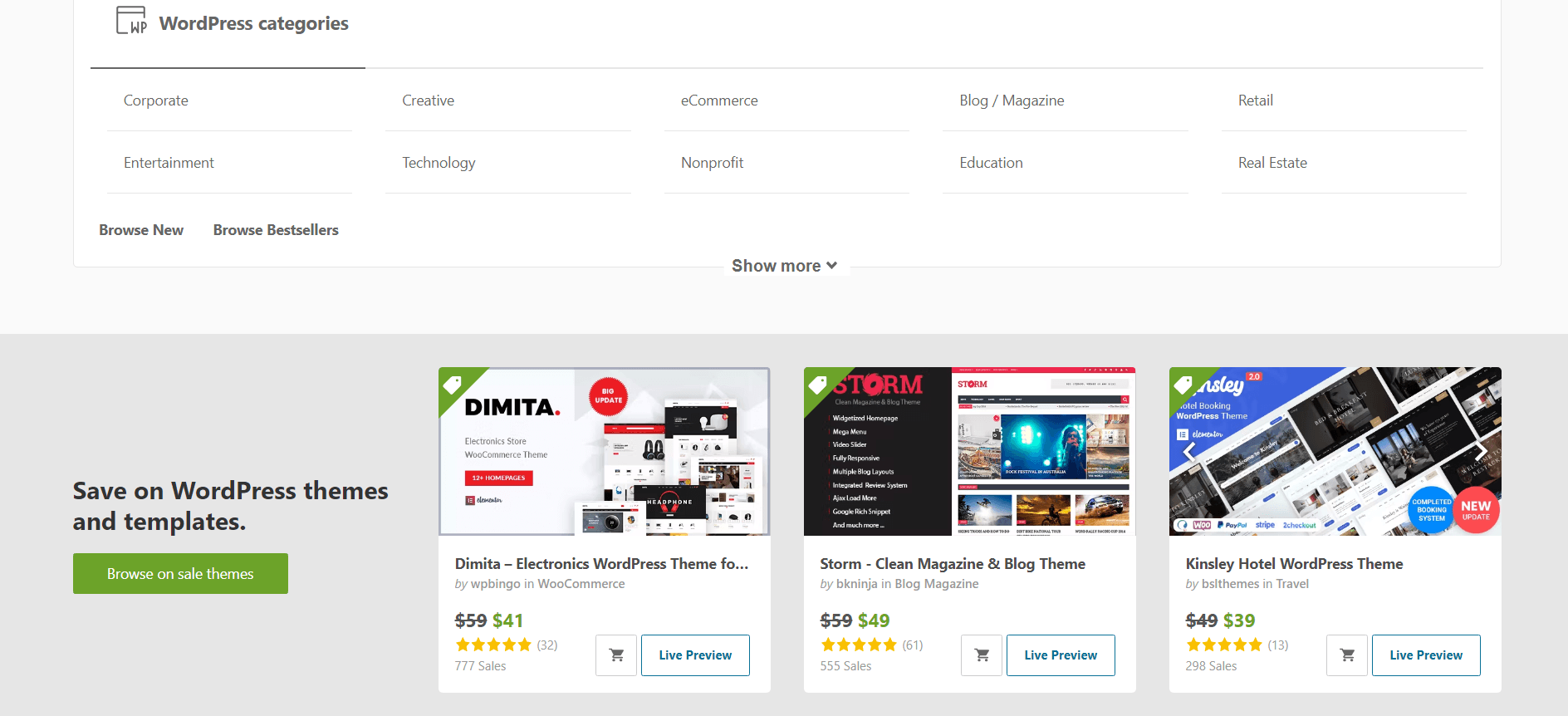 Snapshot of themes being sold on ThemeForest