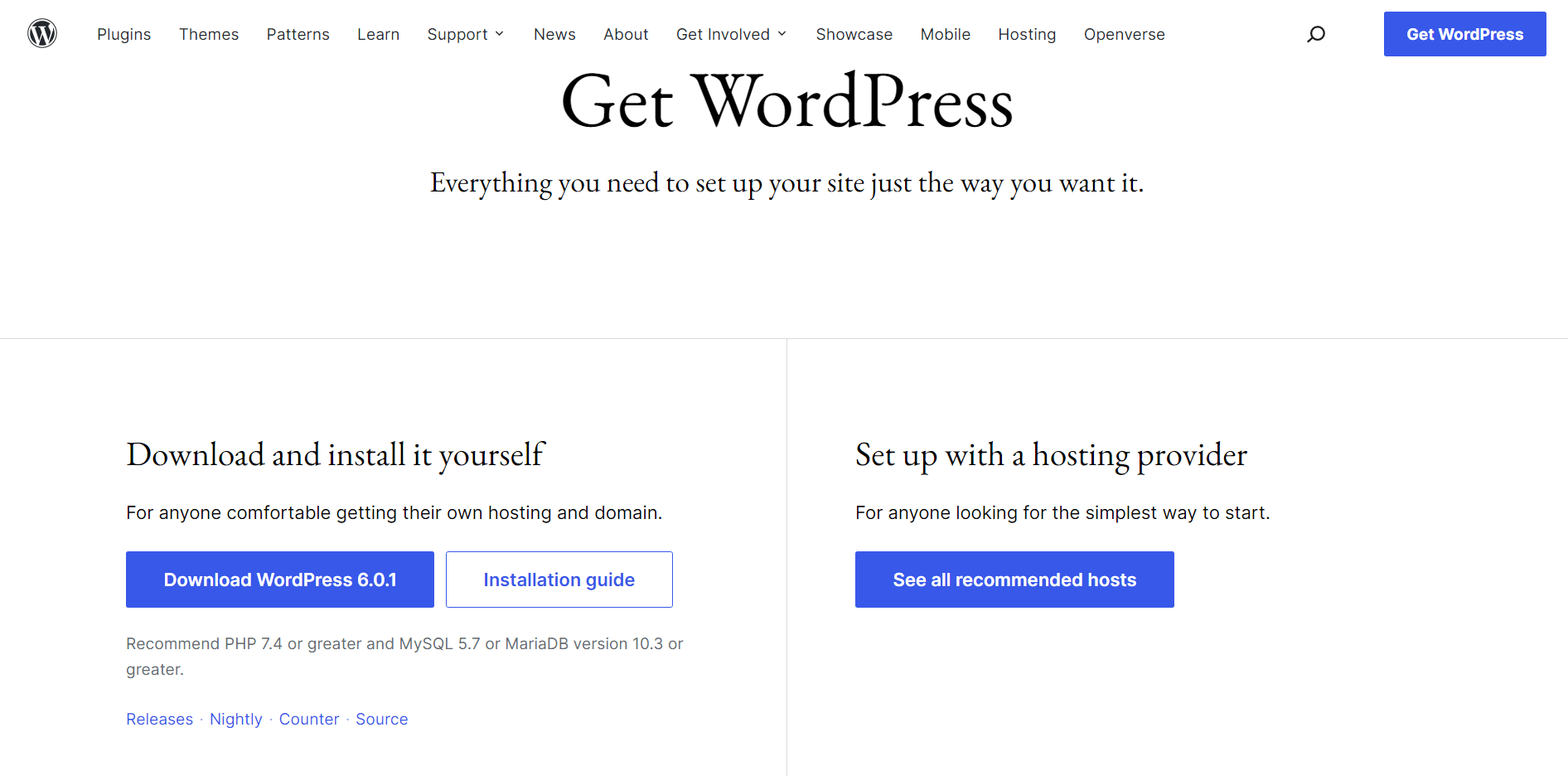 Snapshot of the “Get WordPress” page