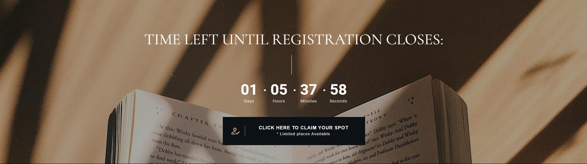 Snapshot of a countdown timer on a webinar page template in the Bookwise theme