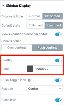 'Off screen', 'Overlay content' sidebar display options