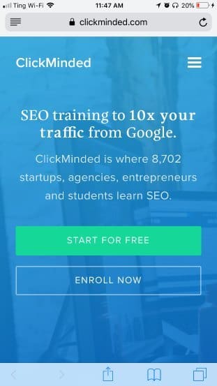 ClickMinded mobile landing page good example