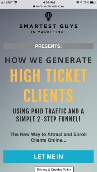 TrafficAndFunnels mobile landing page bad example