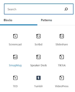  Available integrations in the WordPress block editor
