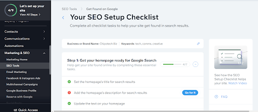 Snapshot of the SEO Setup Checklist provided by Wix