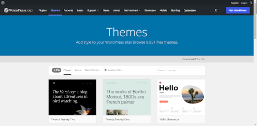Homepage of WordPress.org Themes section