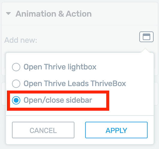 'Open/close sidebar' option in the Animation & Action tab