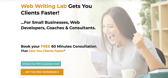 The Web Writing Lab's opt-in offer reading: Get The Free Workbook !!