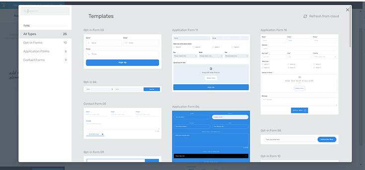 Screenshot of Form templates in Thrive Theme Builder
