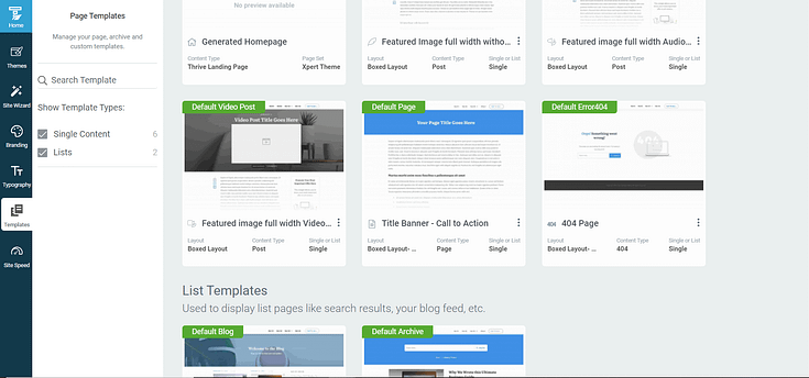 Screenshot of Core page templates in Thrive Theme Builder