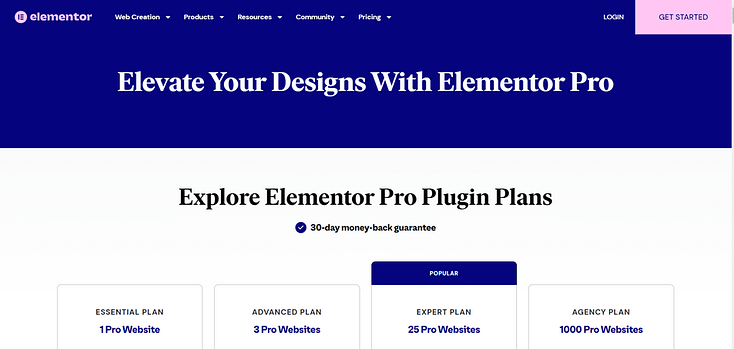 Elementor Pro homepage screenshot