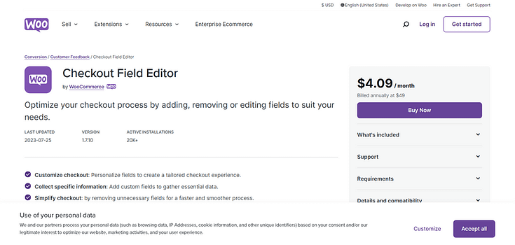 Screenshot of WooCommerce Checkout Field Editor product page