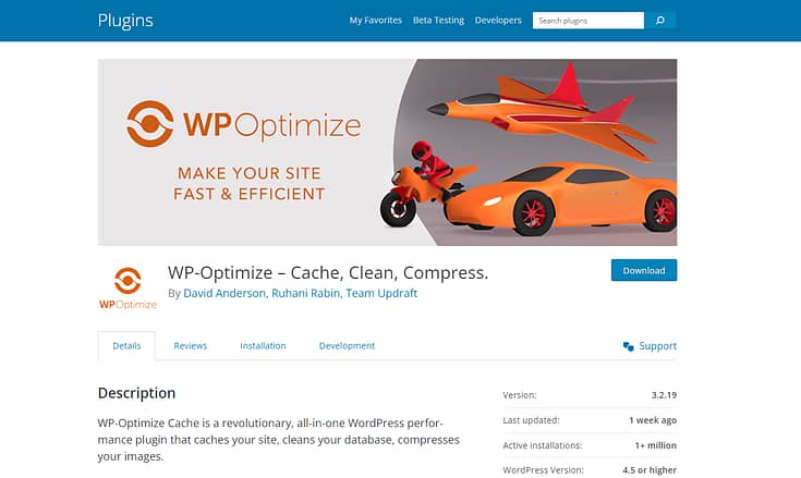 Screenshot of WP Optimize plugin in WordPress plugin directory